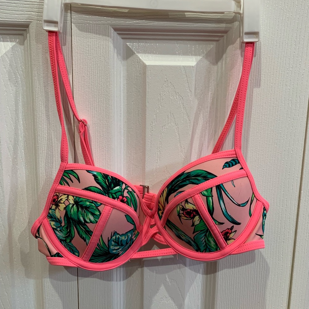 Neon Pink Tropical Printed Bikini Top